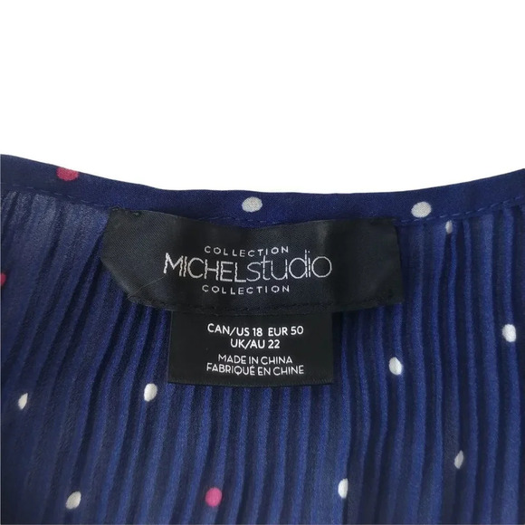 Michel Studio Collection Semi-Sheer Pleated Sleeveless Blouse Polka Dots Blue 18 - Picture 7 of 8